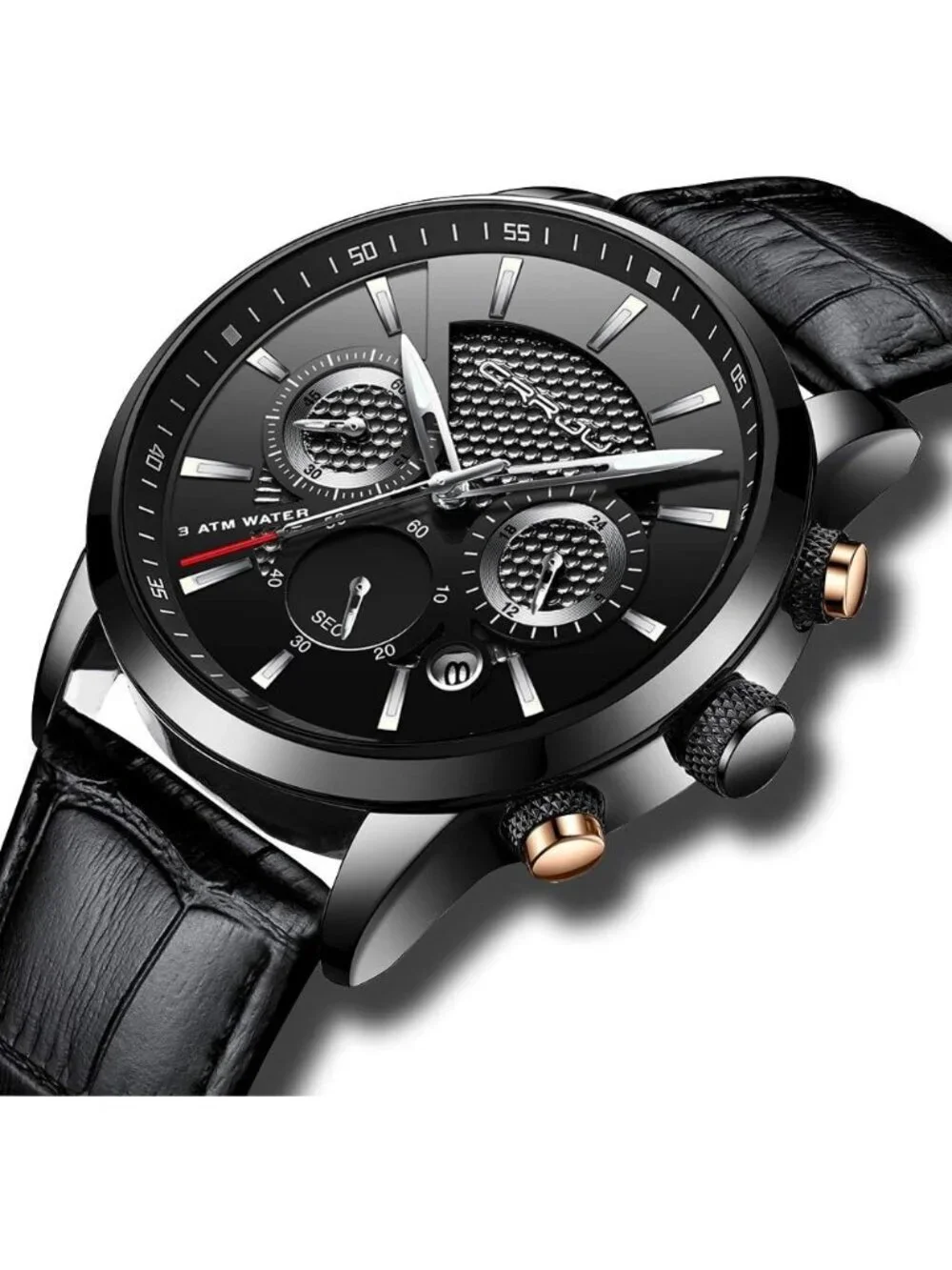 Men's All Black Leather Strap Casual Chronograph Quartz Waterproof Wrist Watch